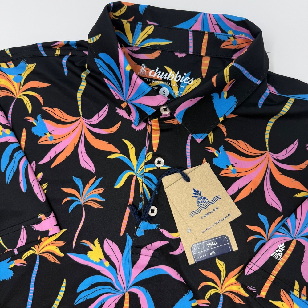 Chubbies The‎ Black Light Night Performance Polo Shirt Men's Small Palm Tree NEW